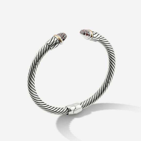 5mm Braided Silver & 18k Gold Cable Bracelet with Red Diamonds and Middle Clasp - Picture 2 of 5